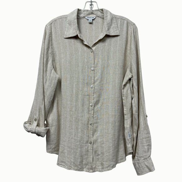 Orvis Tops - Orvis Women’s Linen Blend Button Up Shirt Roll Tab Sleeve Beige Small